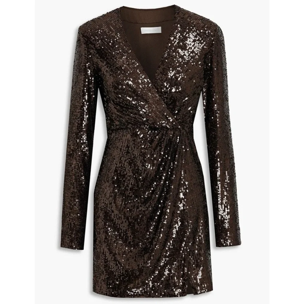 Jonathan Simkhai - Brown Monty Wrap Sequined Mini Dress - Picture 2 of 16
